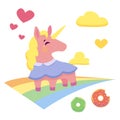 Cute unicorn on sunny rainbow, enjoying the day